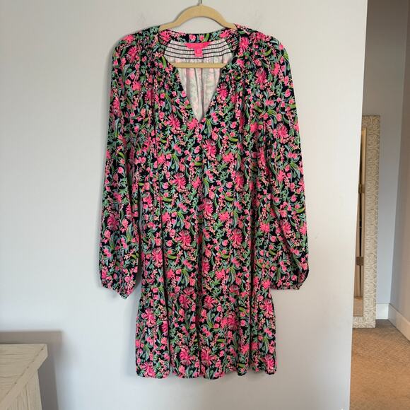 Lilly Pulitzer Lucee Dress Low Tide Navy Garden Variety Size M Floral Preppy - Picture 1 of 10